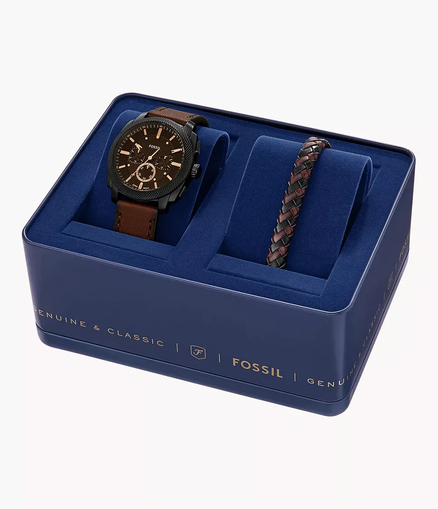 Machine Chronograph Brown Leather Watch and Bracelet Set