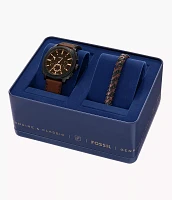 Machine Chronograph Brown Leather Watch and Bracelet Set
