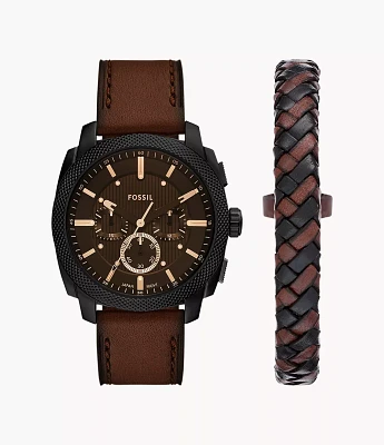 Machine Chronograph Brown Leather Watch and Bracelet Set