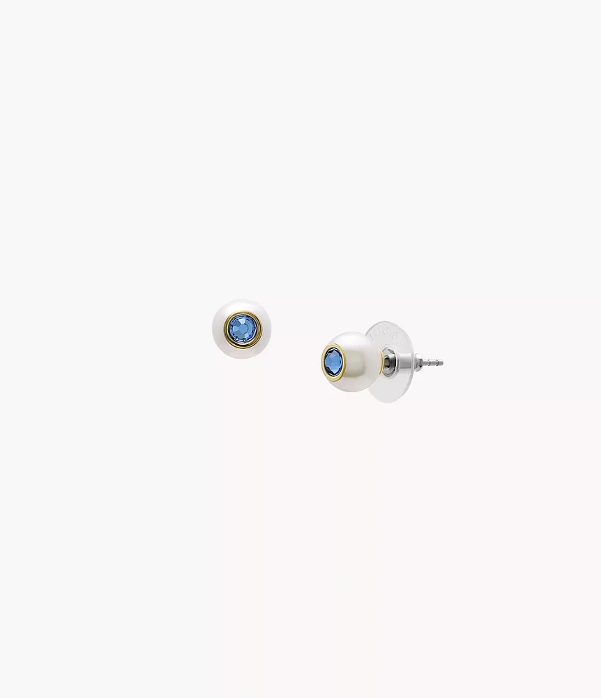 Bright Baubles White Shell and Blue Rhinestone Stud Earrings