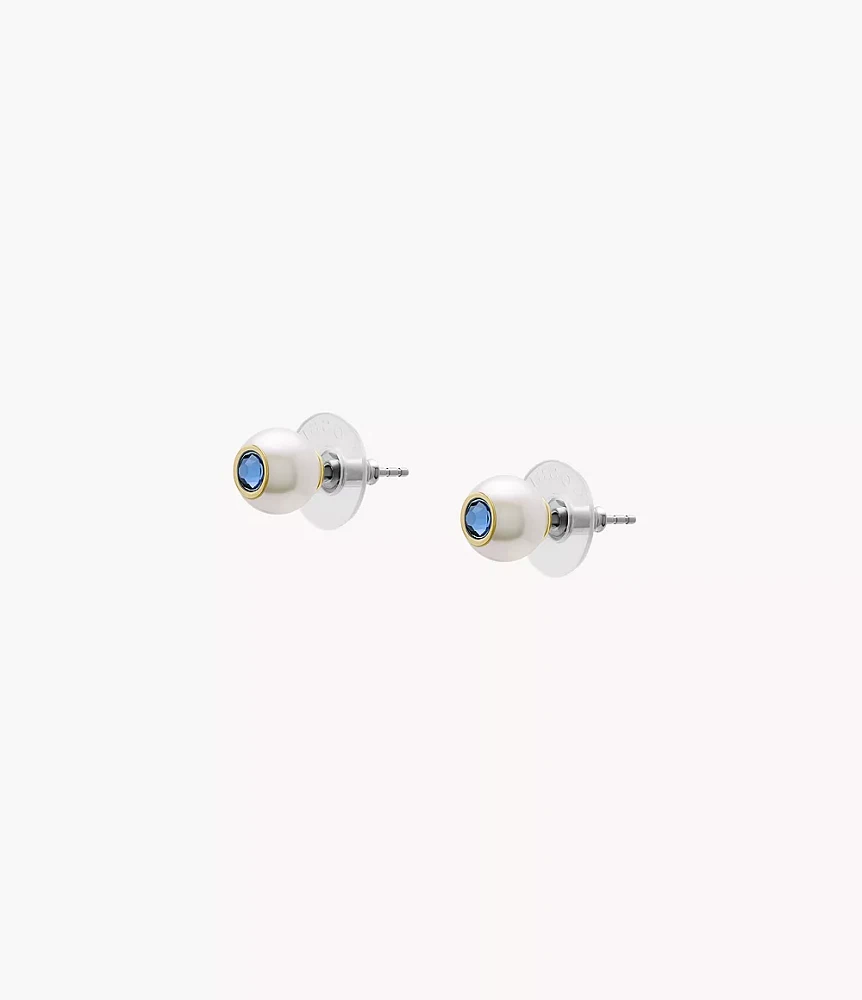 Bright Baubles White Shell and Blue Rhinestone Stud Earrings