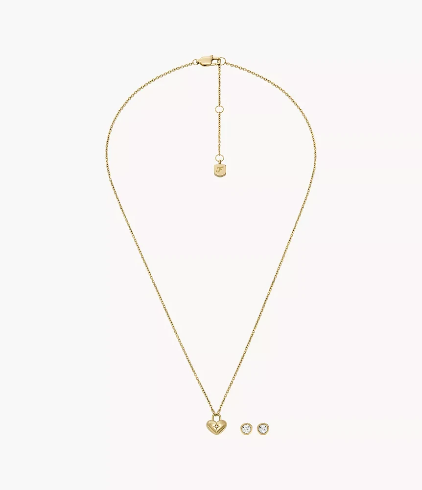 Gold-Tone Stainless Steel Heart Necklace and Earrings Gift Set