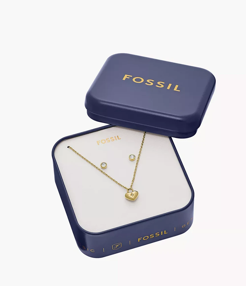 Gold-Tone Stainless Steel Heart Necklace and Earrings Gift Set