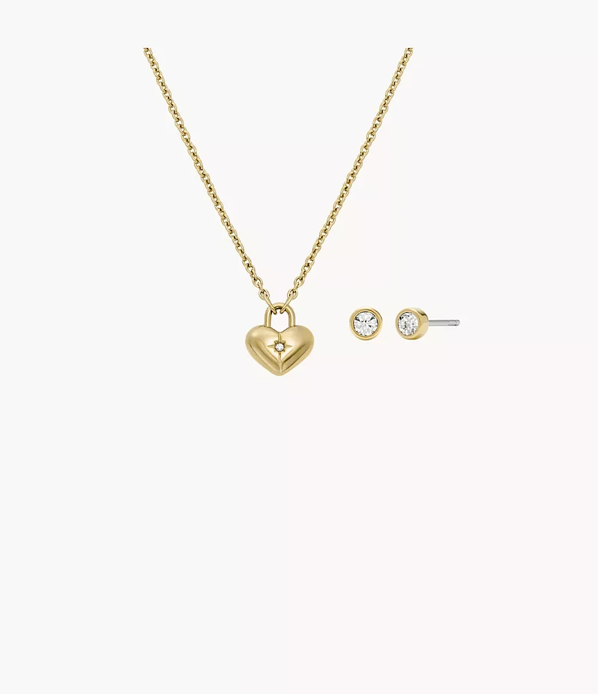 Gold-Tone Stainless Steel Heart Necklace and Earrings Gift Set