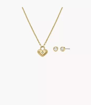 Gold-Tone Stainless Steel Heart Necklace and Earrings Gift Set