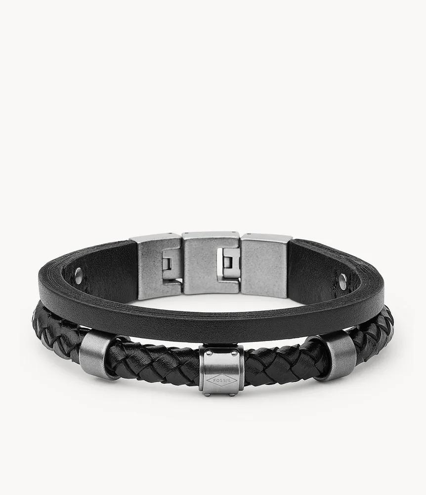 Stainless Steel and Black Leather Bracelet - JOF00835998 - Fossil