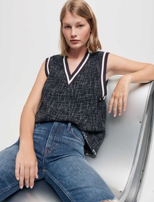 Top façon tweed à bandes contrastées