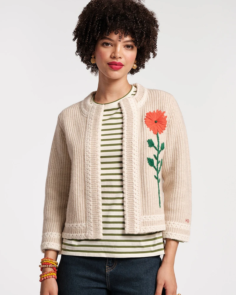 Border Flower Cardigan Wool Cashmere Natural