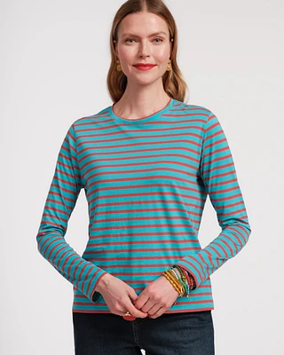 Long Sleeve Striped Tee Shirt Turquoise and Red