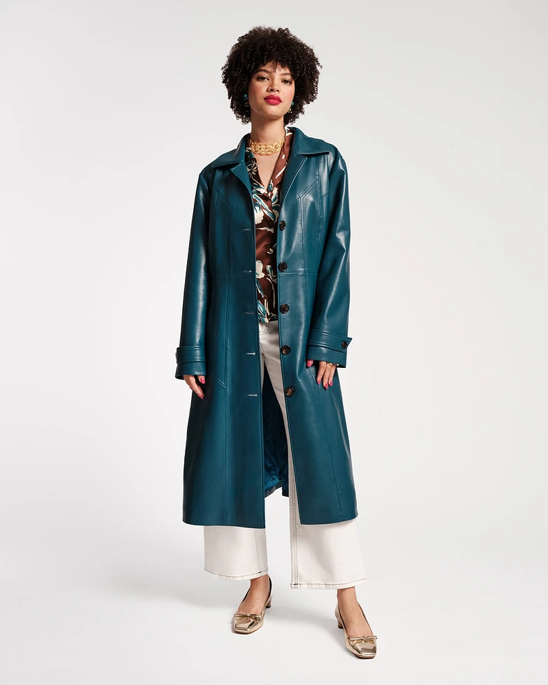 Chelsea Trench Coat Faux Leather Teal