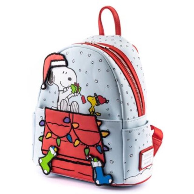 LOUNGEFLY PEANUTS GIFT GIVING SNOOPY & WOODSTOCK MINI BACKPACK (Glow -In- The -Dark Lights and swinging stockings)