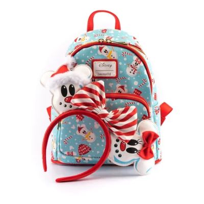 DISNEY SNOWMAN MICKEY AND MINNIE MOUSE MINI BACKPACK WITH EARS HEADBAND