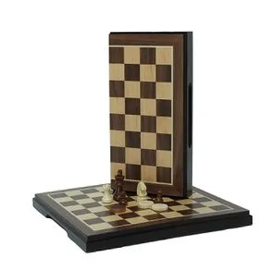 Magnetic Folding Chess & Checkers Set – Walnut Wood Finish 8 inch - Board Game