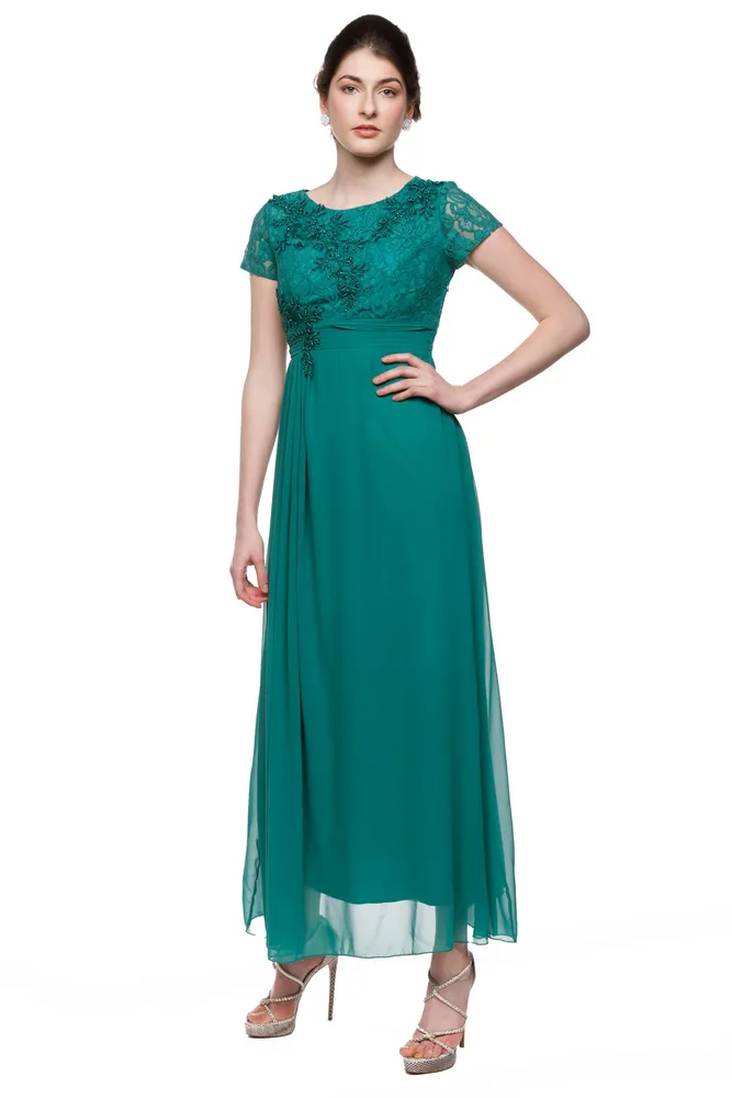 Emerald Lace Wrap Waist Evening Dress
