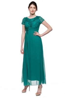 Emerald Lace Wrap Waist Evening Dress