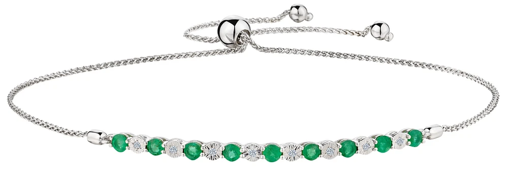 Genuine Emerald and .04 Carat of Diamonds Bolo Bracelet, 10kt White Gold.....................NOW