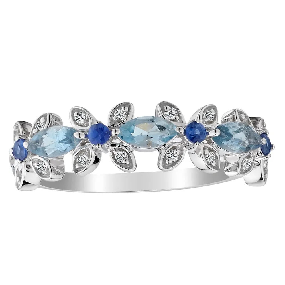 Genuine Santa Maria Aquamarine, Blue Sapphire & Diamond Ring, 14kt White Gold.......................NOW