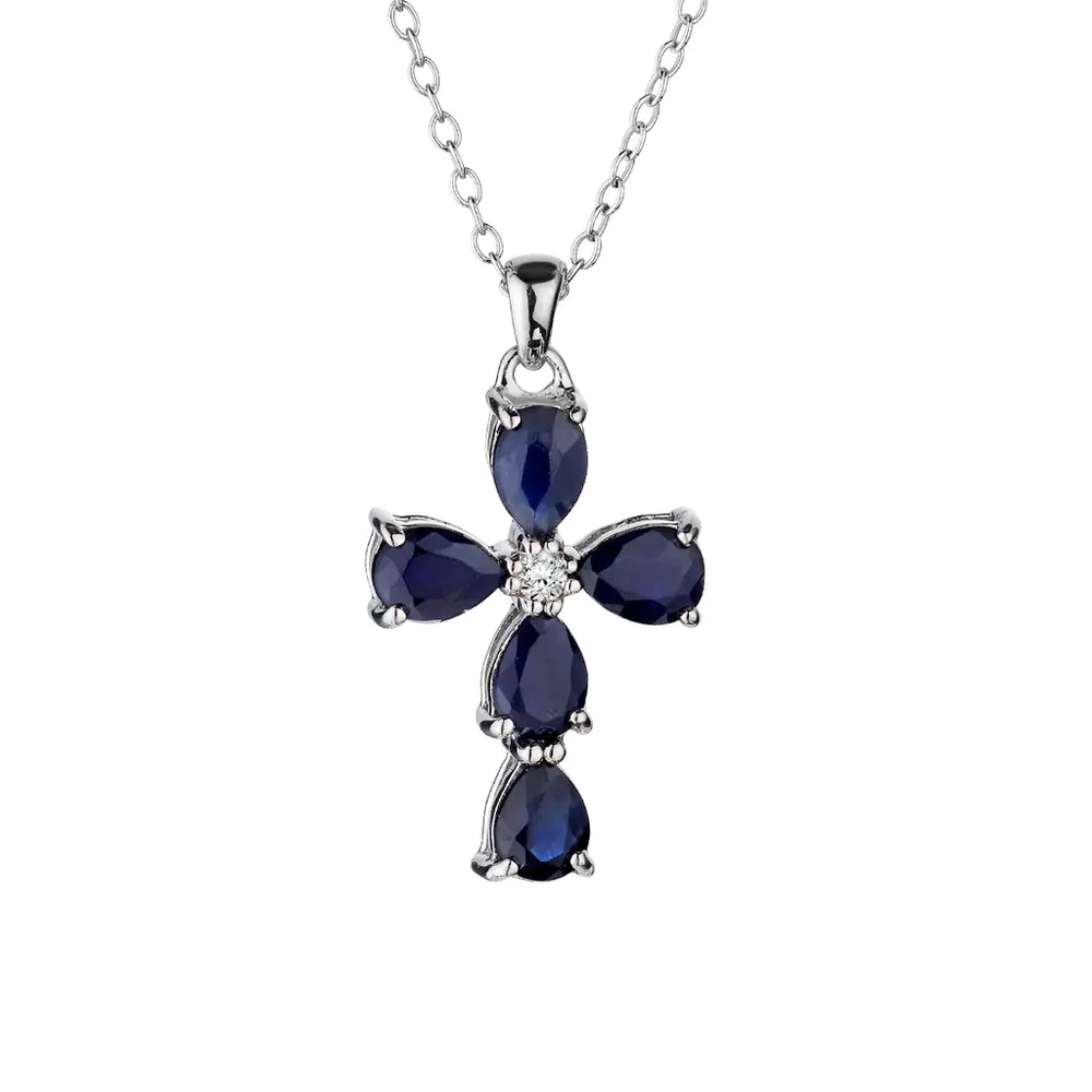 .75 Carat Genuine Sapphire and White Zircon Cross Pendant, Sterling Silver.......................NOW
