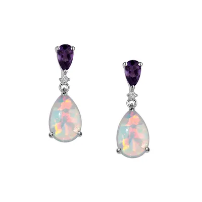 Created Opal, Genuine Amethyst and White Sapphire Drop Earrings, Silver.....................NOW