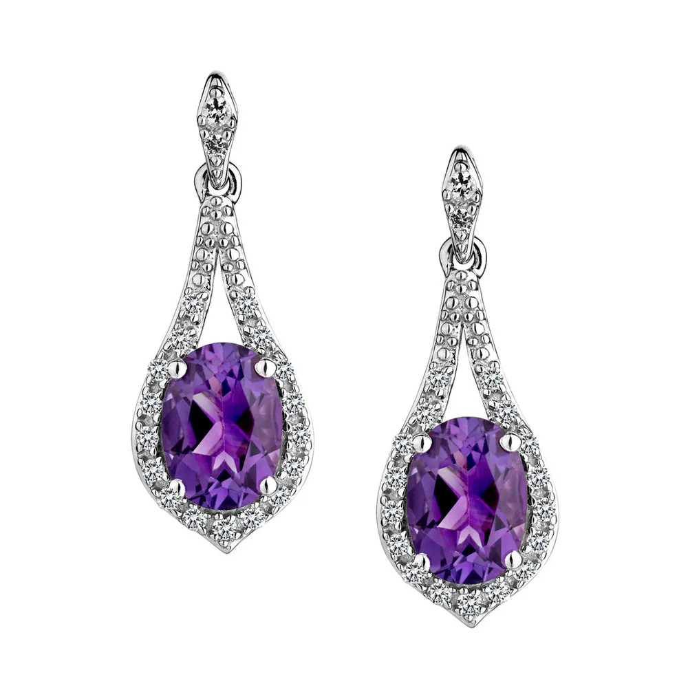 Amethyst & Created White Sapphire Drop Earrings