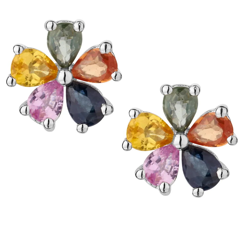 1.50 Carat Genuine Multi-Colour Sapphire Flower Earrings, Silver.......................NOW