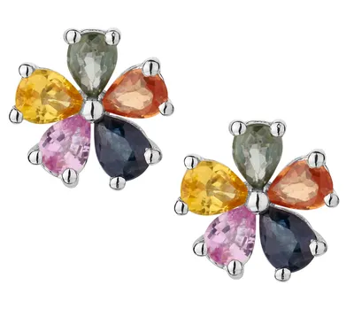 1.50 Carat Genuine Multi-Colour Sapphire Flower Earrings, Silver.......................NOW