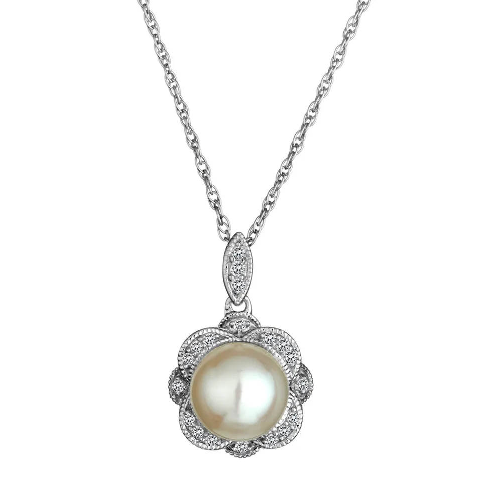 Created White Sapphire Fresh Water Pearl Pendant, Silver......................NOW