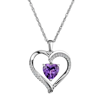 CREATED WHITE SAPPHIRE AND AMETHYST HEART PENDANT, SILVER,...............NOW