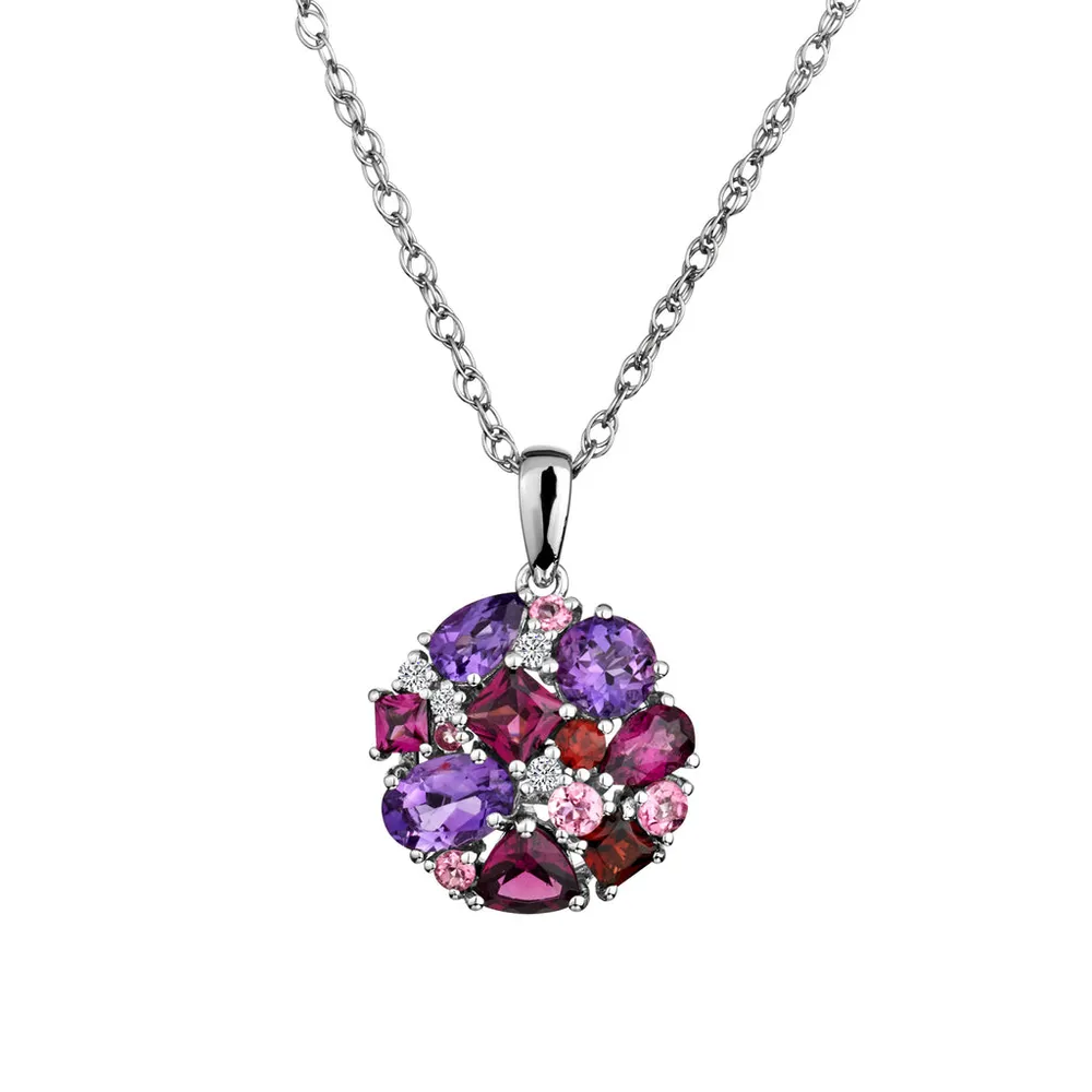 Genuine Garnet, Amethyst, Pink Tourmaline and White Sapphire Pendant, Silver....................NOW