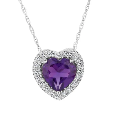 GENUINE AMETHYST + .10 CARAT DIAMOND HEART PENDANT, 10kt WHITE GOLD...................NOW