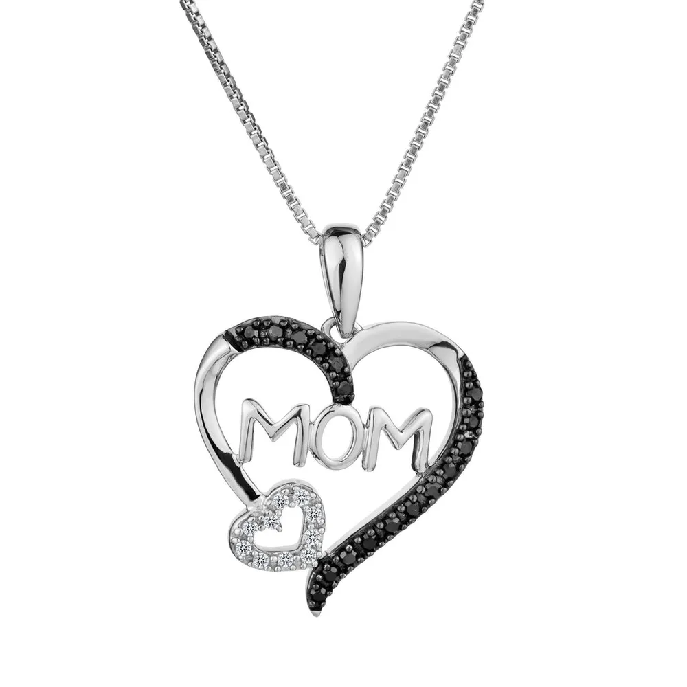 .12 CARAT BLACK AND WHITE DIAMOND  "MOM" HEART PENDANT, SILVER…....................NOW