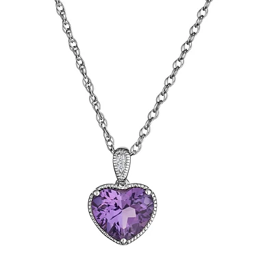 Amethyst & Created White Sapphire Heart Pendant, Silver....................NOW