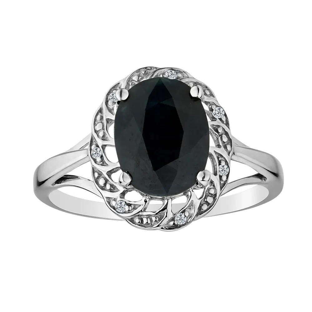 Genuine Black Sapphire & Diamond Ring, Silver.................NOW