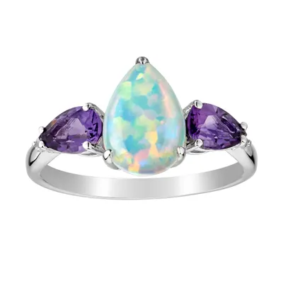 CREATED OPAL AND GENUINE AMETHYST RING, SILVER.....................NOW
