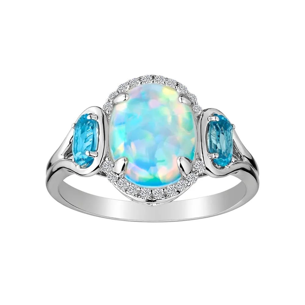 Created Opal, Blue Topaz & White Sapphire Ring, Silver..................NOW