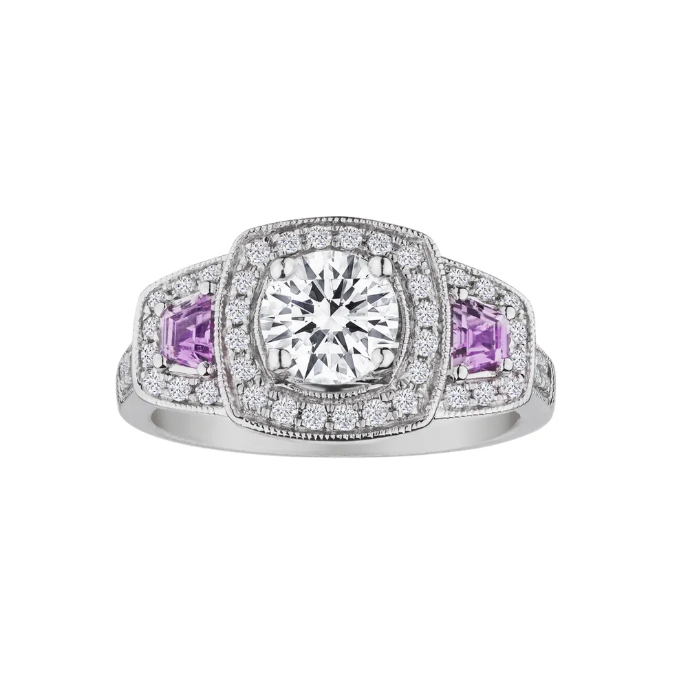 1.80 Carat of Genuine Moissanite, Pink Sapphire and Diamonds "Past, Present, Future" Ring, 14kt White Gold….....................NOW