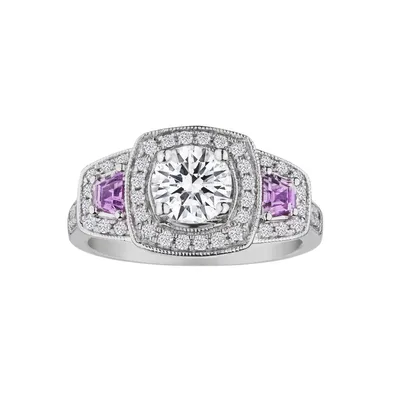 1.80 Carat of Genuine Moissanite, Pink Sapphire and Diamonds "Past, Present, Future" Ring, 14kt White Gold….....................NOW