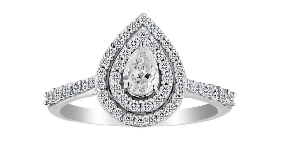 .75 Carat of Diamonds Double Halo Pear Shape Ring, 14kt White Gold.....................NOW