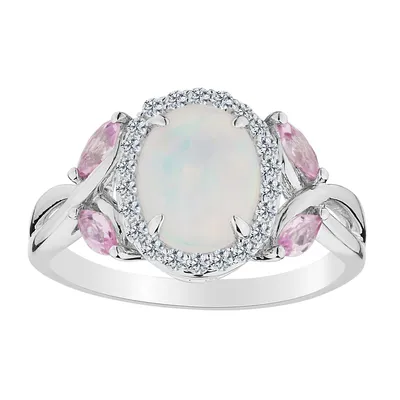CREATED OPAL, WHITE AND PINK SAPPHIRE RING, SILVER..................NOW