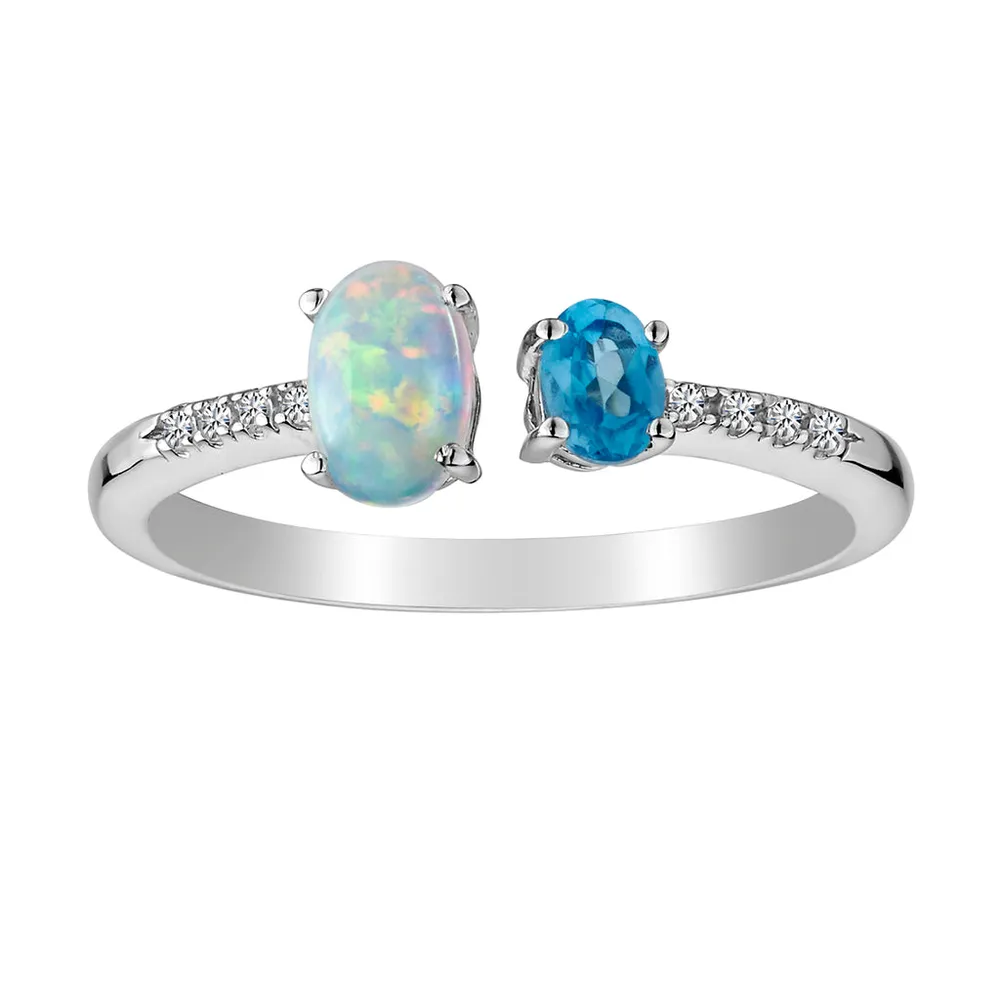 Swiss Blue Topaz, Created Opal & White Sapphire Ring, Silver....................NOW