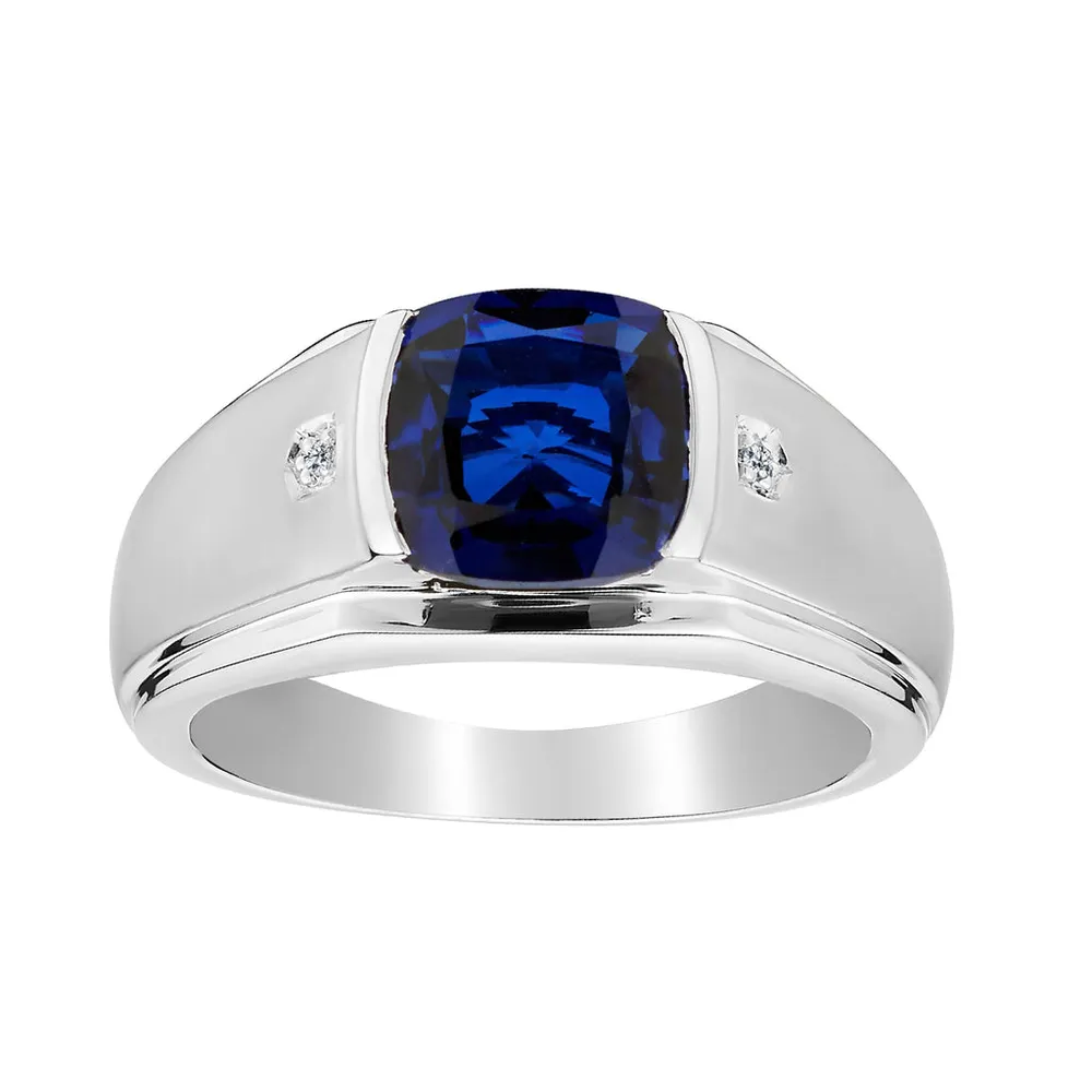 .014 Carat of Diamonds & Created Sapphire Gentleman's Ring, Silver....................NOW