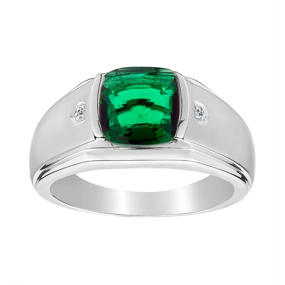 .014 Carat of Diamonds & Created Emerald Gentleman's Ring, Silver...................NOW