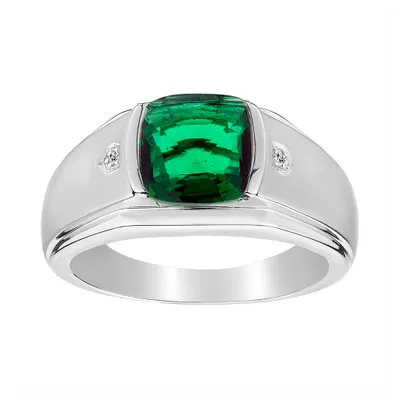 .014 Carat of Diamonds & Created Emerald Gentleman's Ring, Silver...................NOW