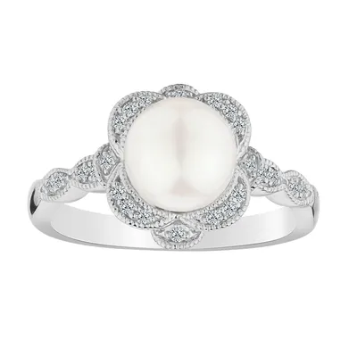 CREATED WHITE SAPPHIRE AND FRESH WATER PEARL RING