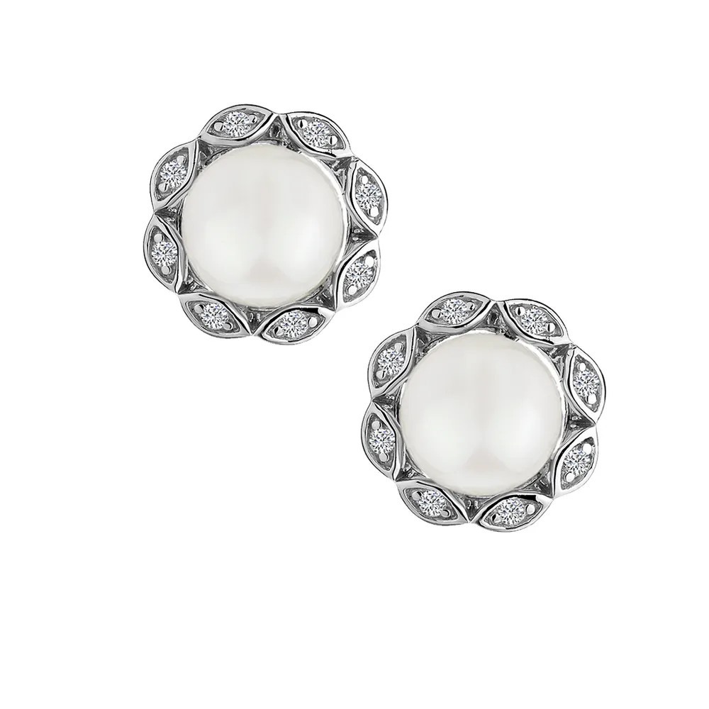 CREATED WHITE SAPPHIRE AND FRESH WATER PEARL STUD EARRINGS, SILVER.....................NOW