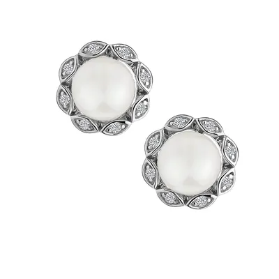 CREATED WHITE SAPPHIRE AND FRESH WATER PEARL STUD EARRINGS, SILVER.....................NOW