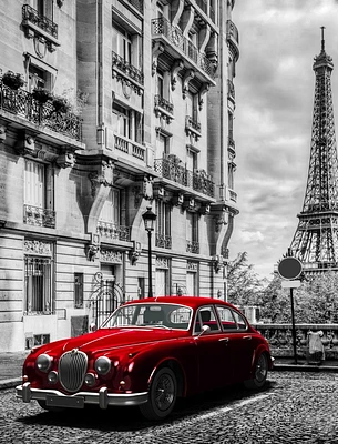 Vlad Kamir - Vintage Red Car Eiffel Tower Back