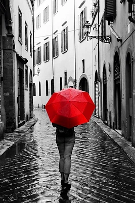 Lindy Baldo - Woman With Red Umbrella On Resto Street