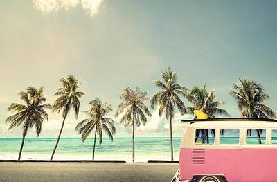 Vintage Car On The Beach With a Surfbord  