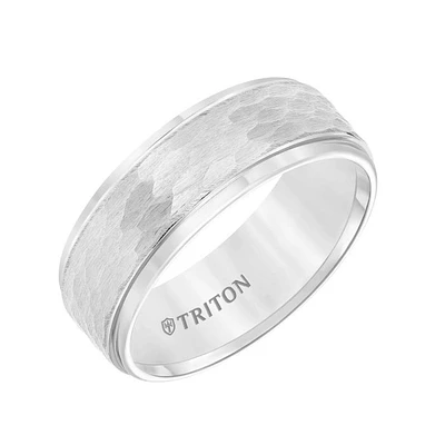 Triton Gents 8mm Hammered Texture White Tungsten Carbide Comfort Fit Band 11-3288HC-G.01 | Hannoush Jewelers